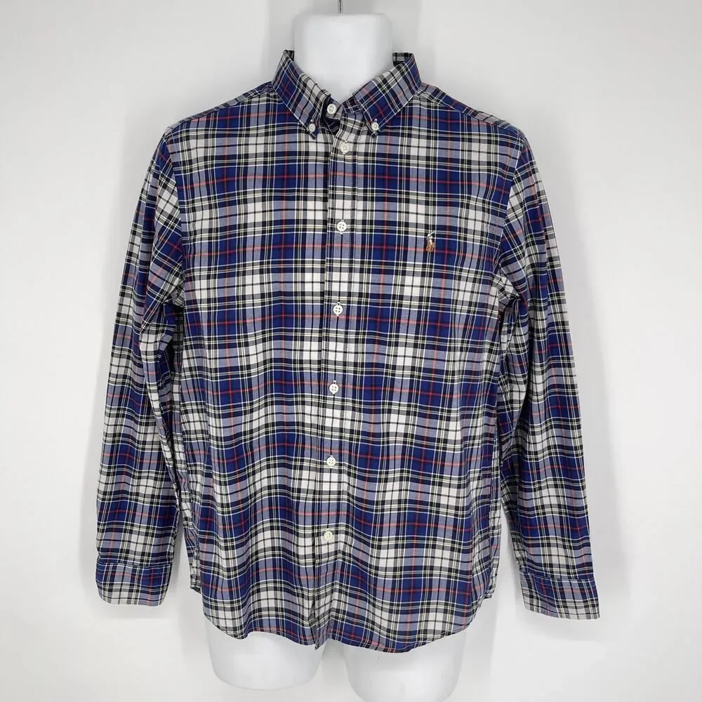 Ralph Lauren Cotton Plaid Shirt Boys Youth XL 18-20 Long Sleeve Blue White Plaid